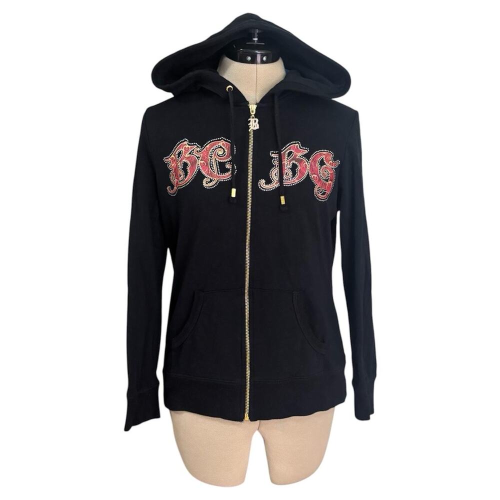 Bcbgmaxazria black hoodie with red & gold peacock graphic, size M